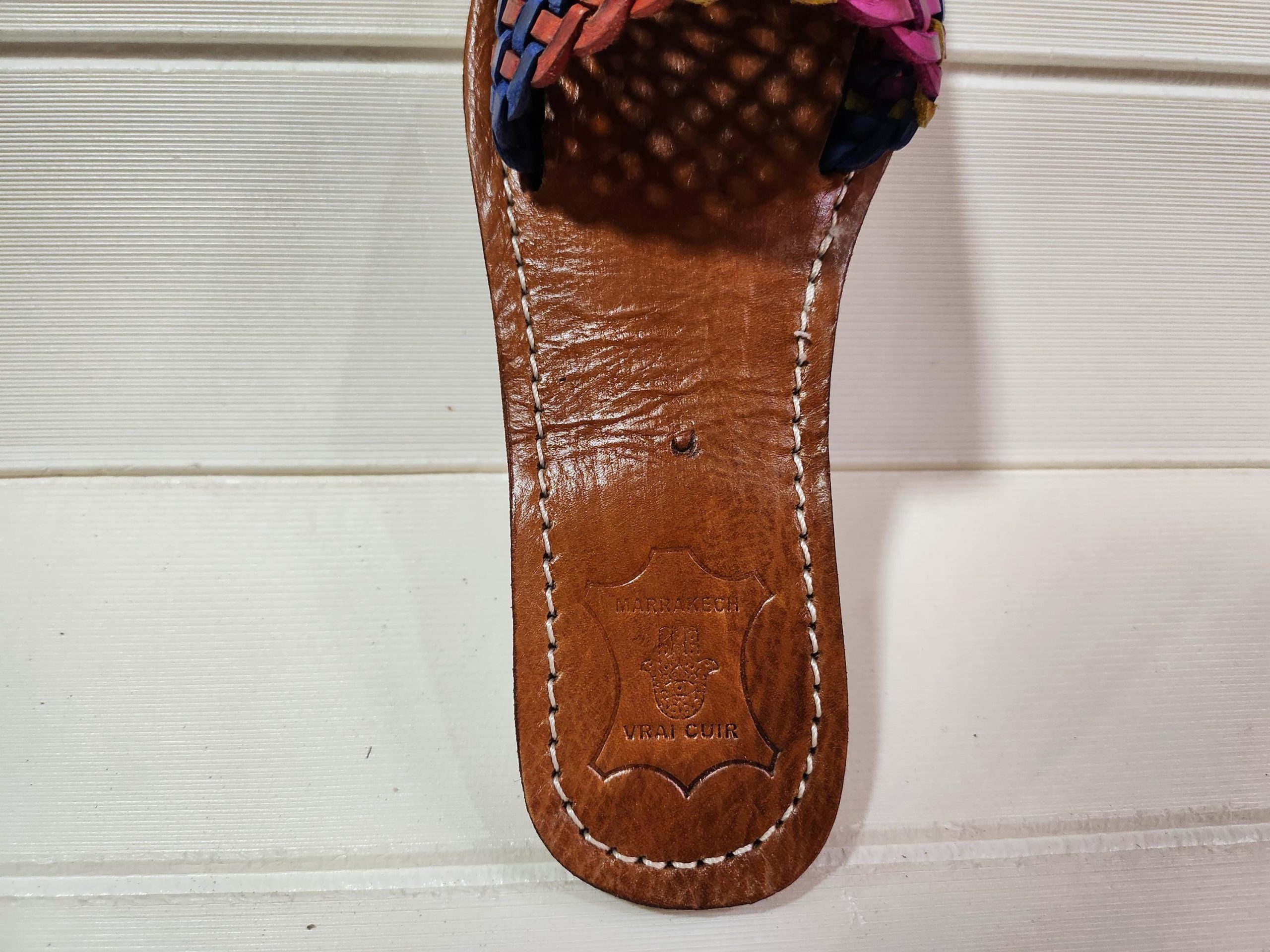 Handmade Moroccan Leather Sandals For Women – Vrai Cuir Marrakech – Colorful Woven Strap – Boho Summer Slides – Artisan Leather Shoes