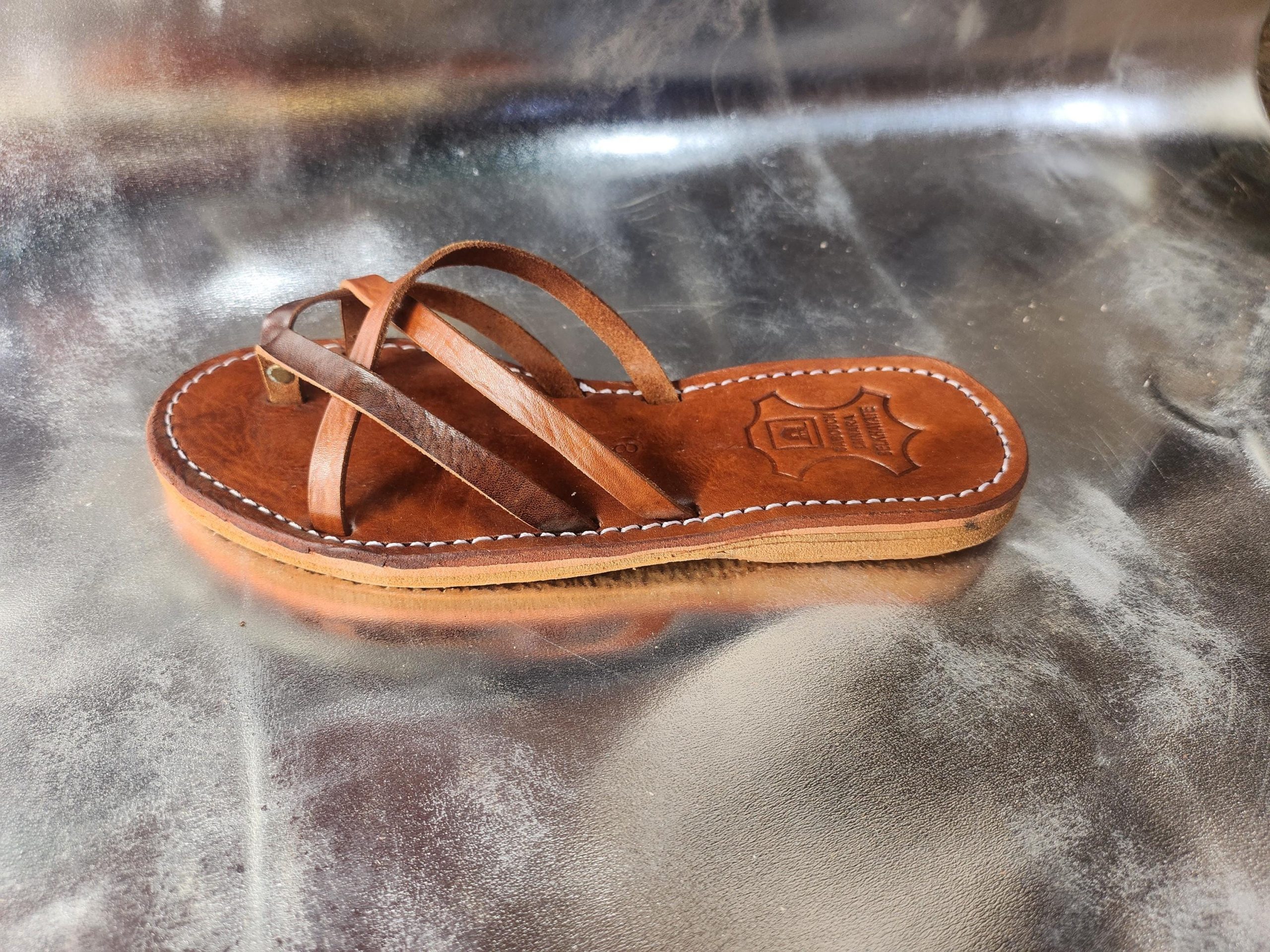 Handmade Moroccan Brown Leather Sandals For Women – Cross Strap Flat Slides – Boho Summer Shoes – Genuine Leather Artisan Footwear –