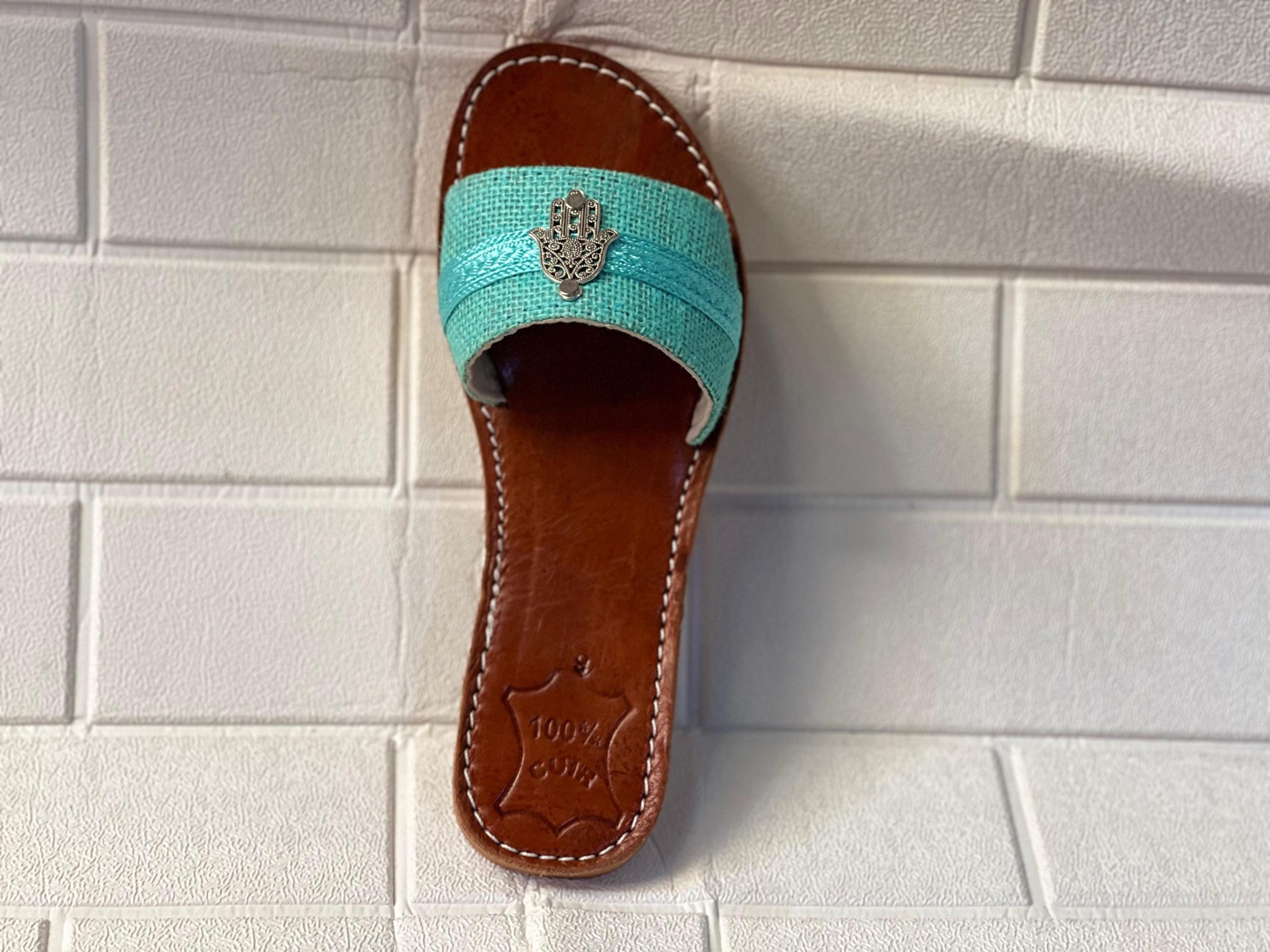 Handmade Moroccan Women Sandals – Turquoise Strap With Hamsa Charm | Leather Flats