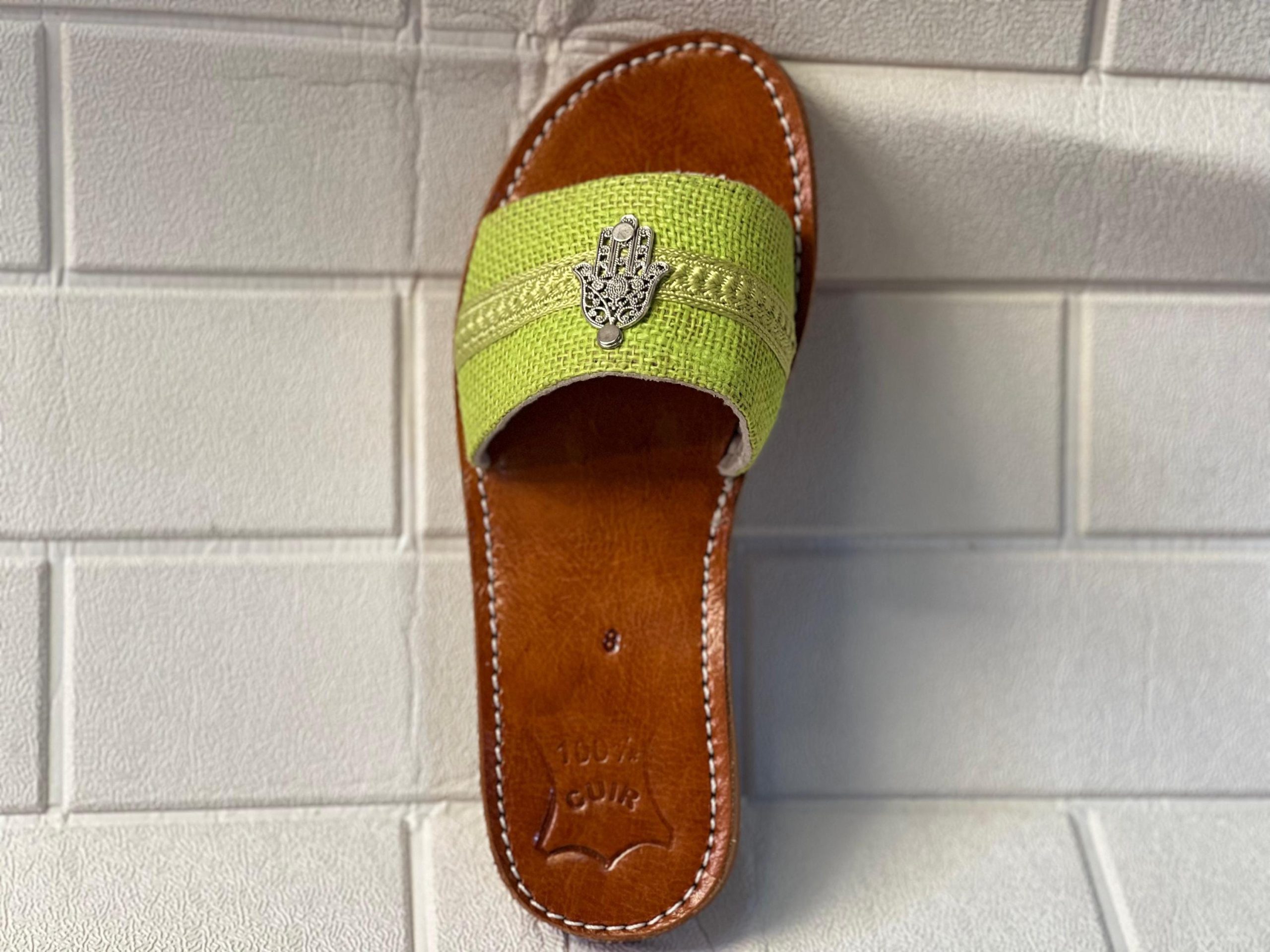 Handmade Moroccan Women Sandals – Turquoise Strap With Hamsa Charm | Leather Flats