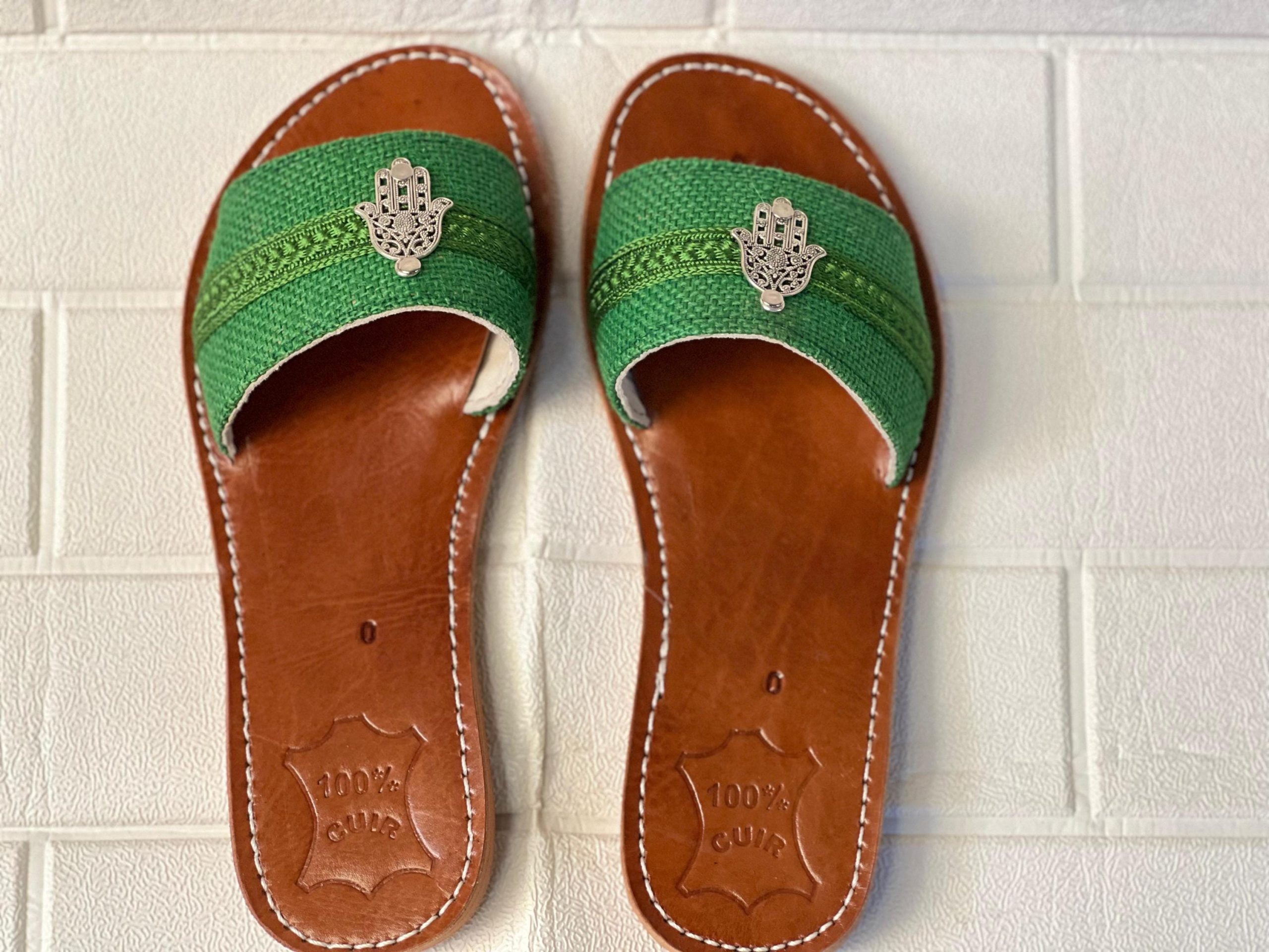 Handmade Moroccan Women Sandals – Turquoise Strap With Hamsa Charm | Leather Flats