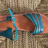 Handmade Moroccan Blue Leather Sandals Women Flat Strappy Summer Shoes